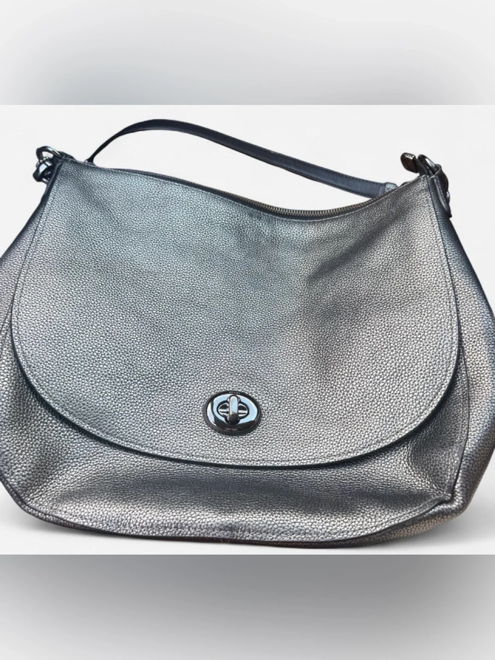 Coach Pebble Leather Turnlock Grey Metallic Hobo Bag